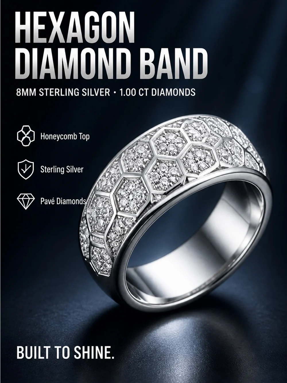 Hexagon Diamond Band Sterling Silver Ring - Silver